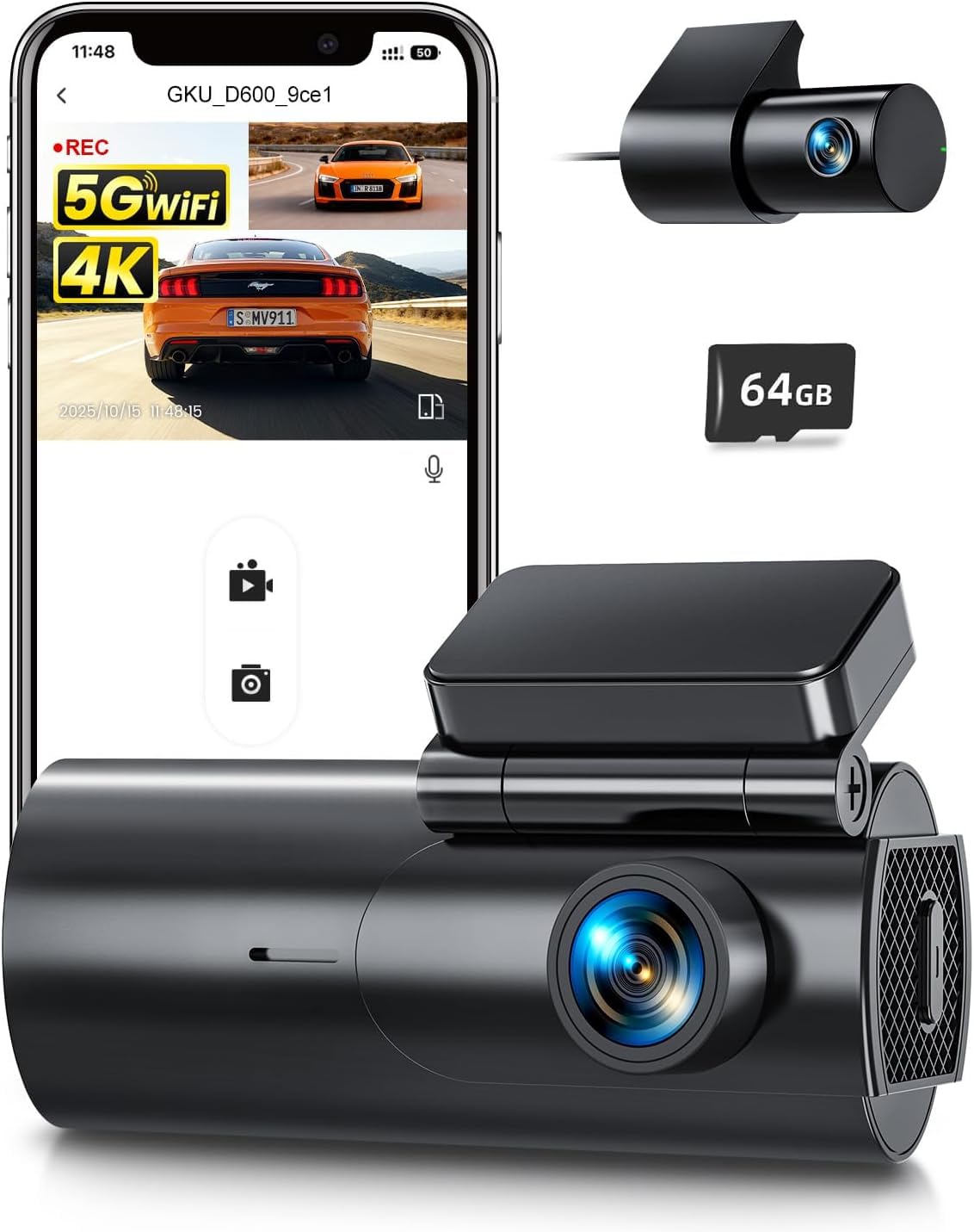 Dash Cam Front and Rear Camera – 4K+1080P Dual Dash Camera for Cars with 64GB SD Card, 5G/2.4GHz WiFi & App Control, Night Vision, Parking Mode, G-Sensor, Loop Recording, WDR, 170° Wide Angle