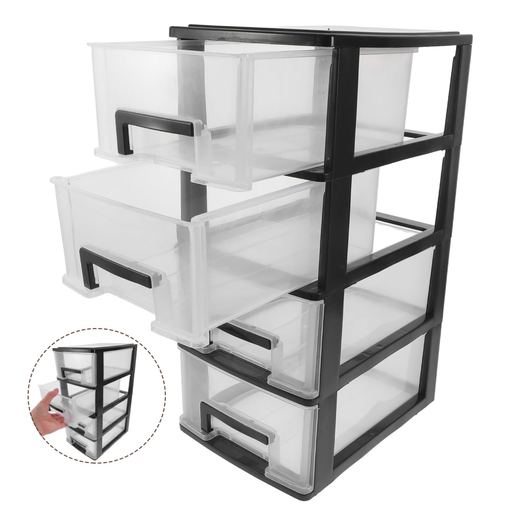 Mobiletto Cassetti in Plastica Trasparente Nero a 4 Strati, Contenitore Leggero e Compatto per Ufficio e Soggiorno, Organizer Semplice ed Elegante