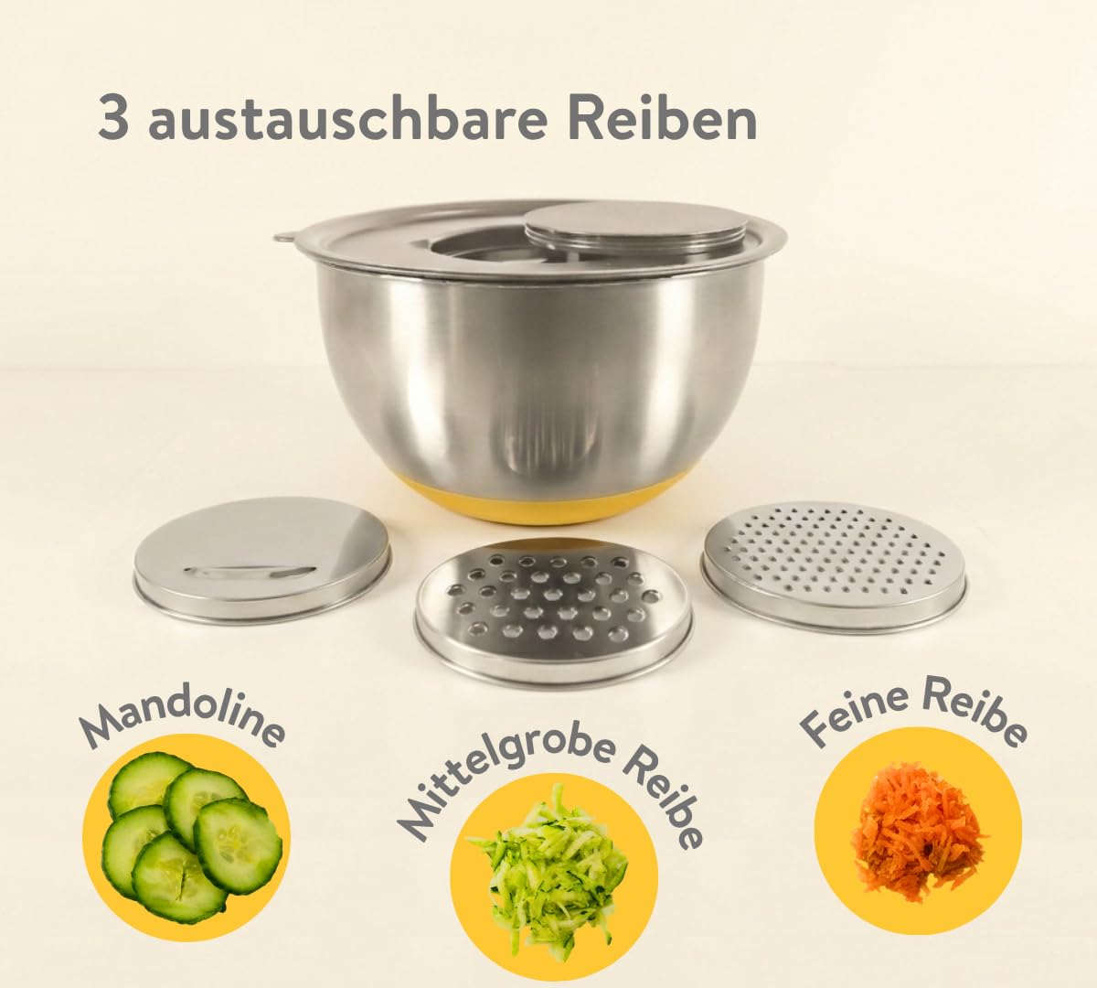 PIKA° 4-in-1 Edelstahl Schüssel Set (3-tlg) mit Glasdeckel & 3 Reibe-Aufsätzen | Multifunktions-Schüsseln zum Reiben, Rühren & Servieren | Stapelbar & Luftdicht | Ideal für Salat, Teig & Picknick