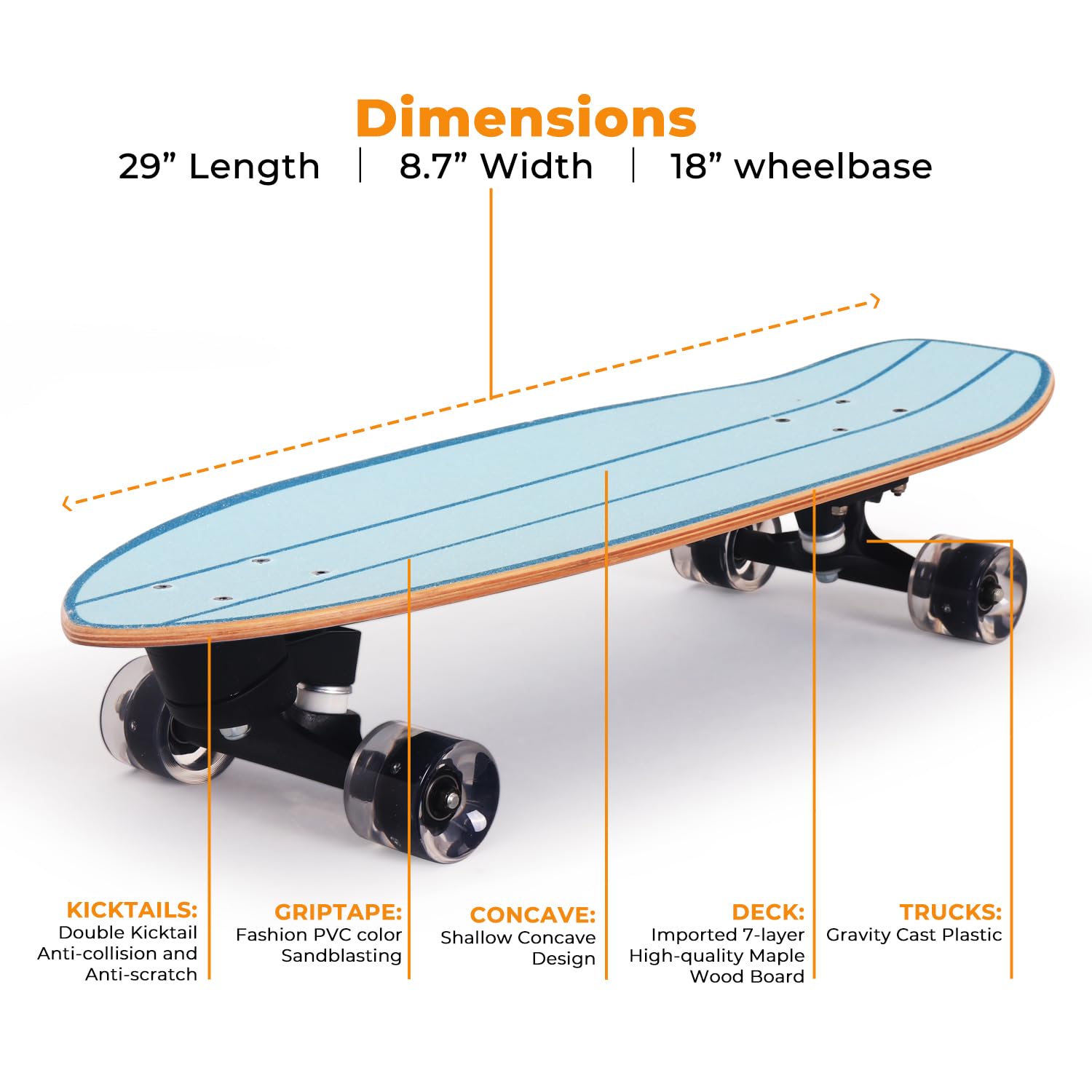 Nattork Skateboard completo da 29" x 8" per bambini, skateboard Cruiser per principianti, doppio kick girls, skateboard con legno d'acero (Black Hole)
