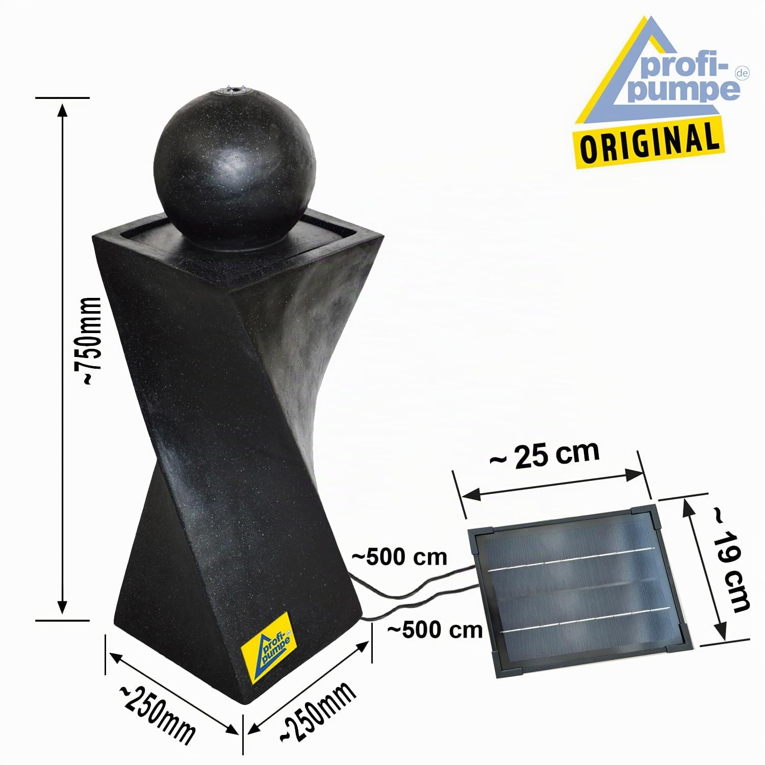 Fontaine Extérieure Solaire Autonome 5 W avec LED - Sphère Granit Noir sur Pied - 75 cm