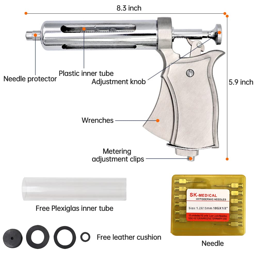 Pistolet do wtrysku zwierząt, 50 ml, regulowany ciągły pistolet wtryskowy z 12 szt. igieł wtryskowych ze stali nierdzewnej dla koni, bydła świni owiec