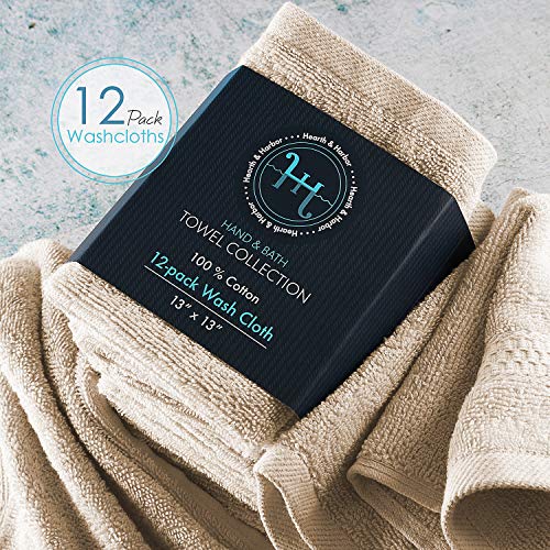 Image of Hearth & Harbor Washcloths 12 Pack - 100% Cotton Washcloth for Body and face, High Absorbent and Soft 13 inchx13 inch Body Wash Cloth, Quick Dry - Cream Washcloths