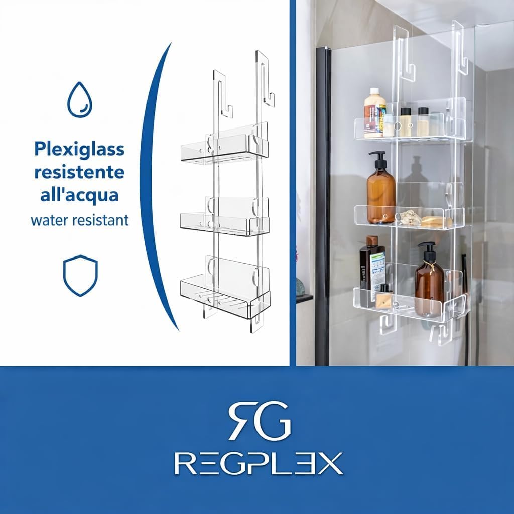 REGPLEX Porta Shampoo Doccia Plexiglass Trasparente Organizer Bagno 3 Mensole Montaggio Senza Viti Adatto Box 26-40 mm