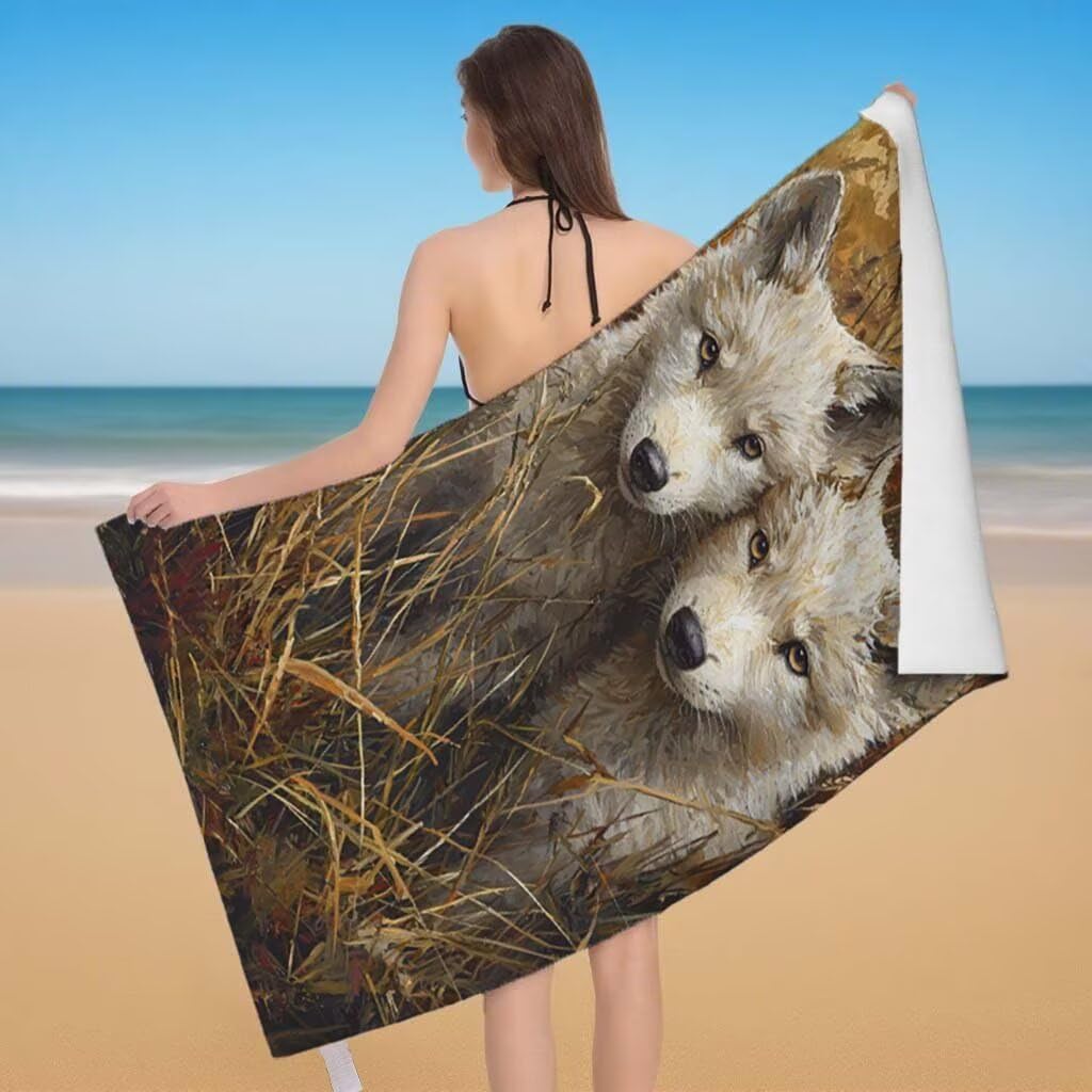 Serviette de Plage XXL 90x180cm/35x70cm Lot de 2 Serviette de Plage Microfibre, Séchage Rapide & Anti-Sable, Compactes, Serviette Microfibre pour Fitness Sports Yoga, Cadeau Homme Femme (Chien) E-72