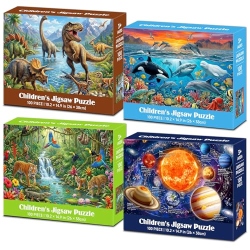 4 Packs 100 Piezas Rompecabezas para Niños Edades 4-6 6-8 8-10, Dinosaurios, Mundo Marino, Vida Salvaje y Sistema Solar, Rompecabezas de 100 Piezas, Regalos para Niños 15x10 pulg miniatura 1