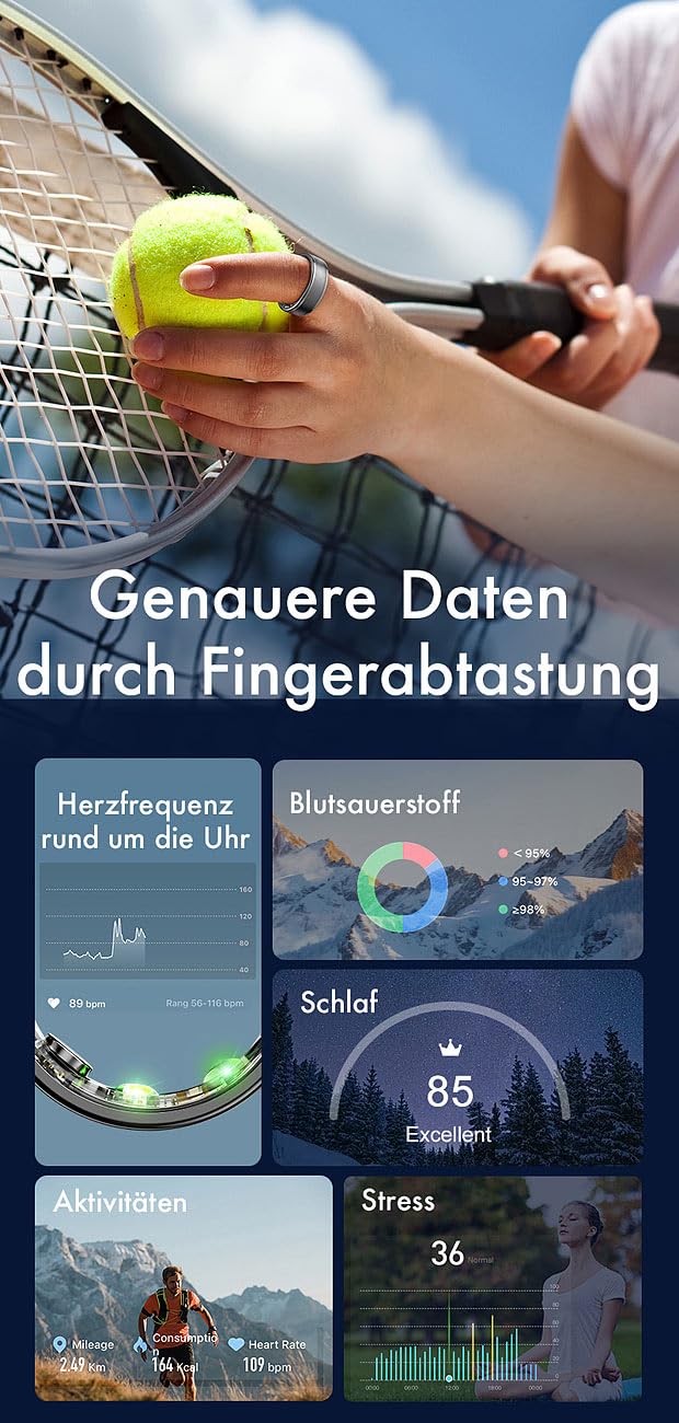 Newgen Medicals Smart Ring: Fitnesstracker-Ring, Sp02, Herzfrequenz, Schlafanalyse, Silber, Gr. 65 (Fitness-Tracker-Smart, Gesundheitsmonitor, Gr)