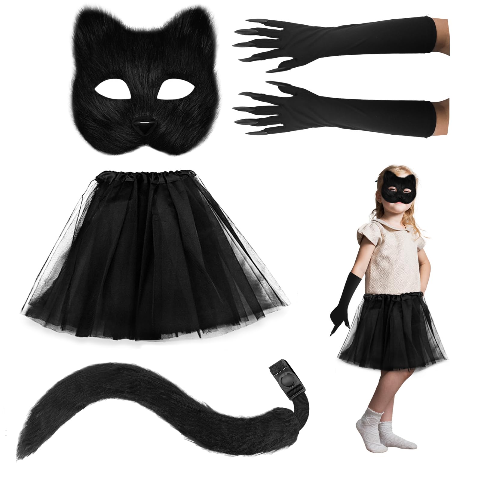 IncreDecor Therian Mask Accessories Costume with Furry Cat Mask and Tail Blcak Tutu Skirt Fox Paws Gloves for Adult
