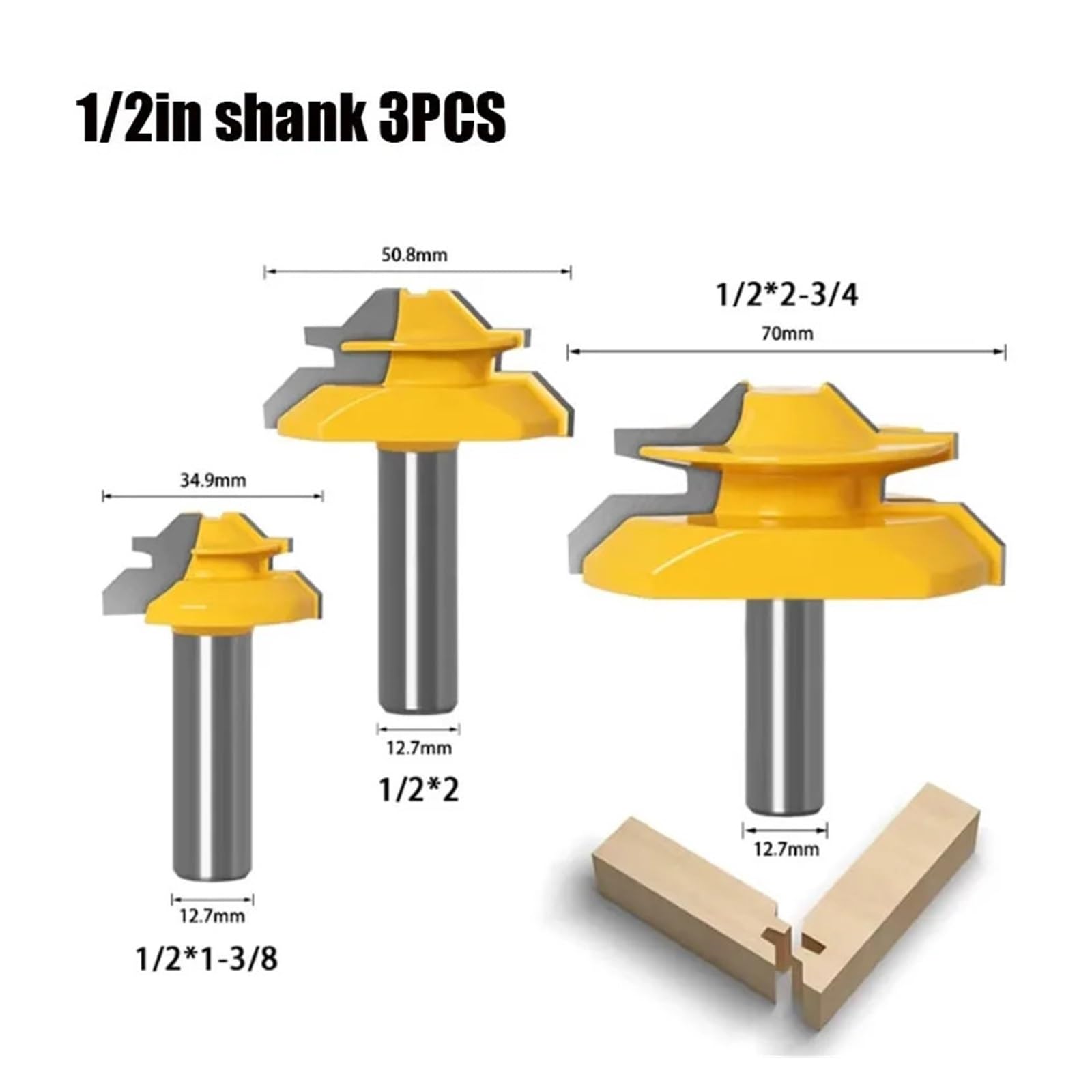 1/3 szt. 1/2 "ukośny uchwyt 45 stopni z blokadą frez do obróbki drewna narzędzi(3PCS 34.9-50.8-70MM)