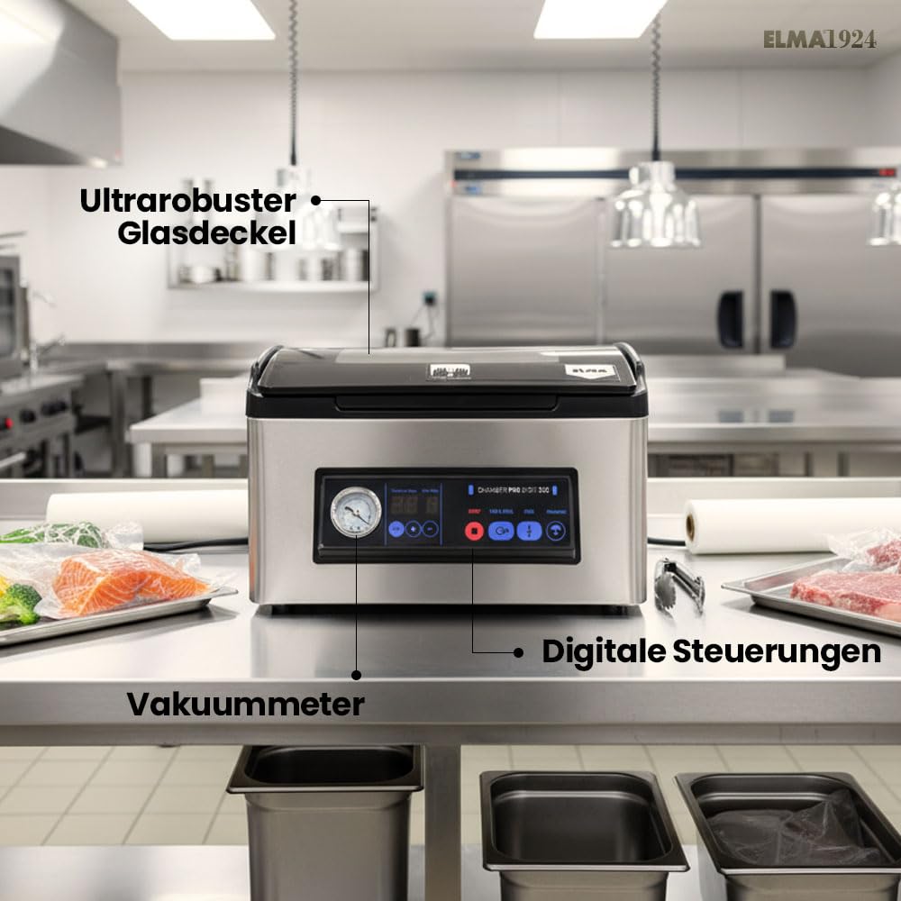 ELMA Kammervakuumierer Profi 350W | Vakuumiergerät Gastro Edelstahl | 30 cm Schweißbalken, 60 l/min, -0,95 bar | Für Flüssigkeiten geeignet | Restaurant, Hotel, Catering