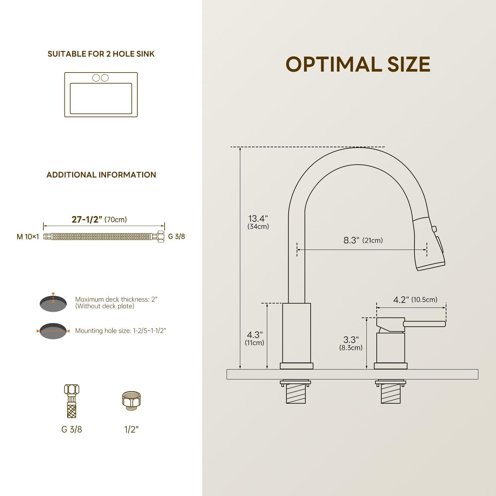 APPASO Rubinetto da cucina a 2 fori, rubinetto da cucina in acciaio inox con spruzzatore estraibile 3 modalità, nichel spazzolato ad arco alto, rubinetto moderno per lavello da cucina con maniglia