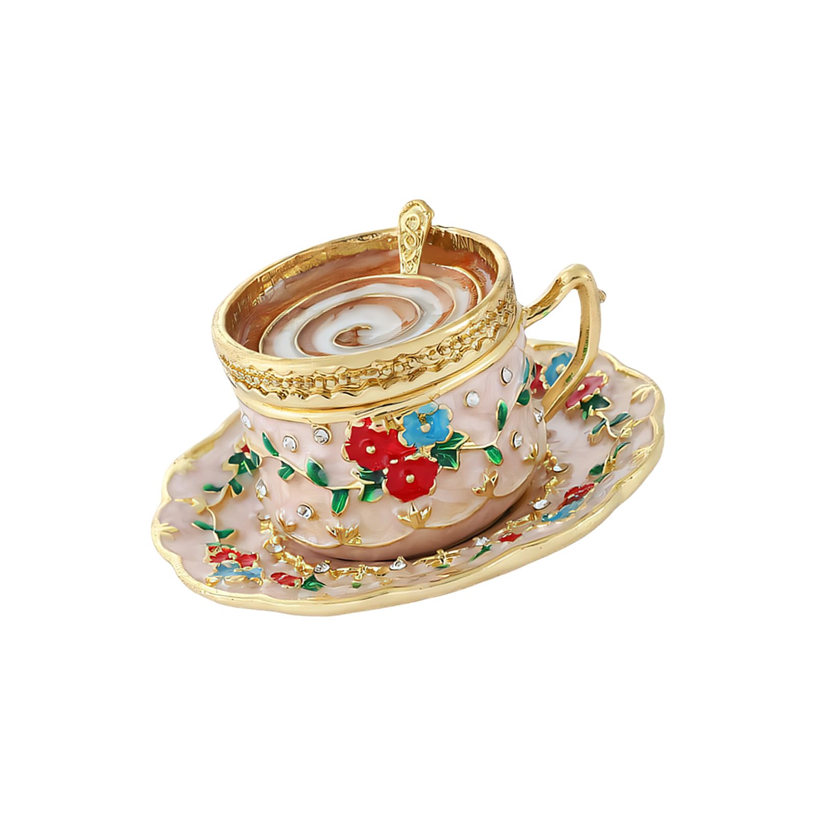 Decorative Jewelry Box, Coffee Cup Accessory Holder with Stone Detail, Lift Lid and Small Storage Space for Shelf, Vanity and Dresser Decor Decorative Trinket Box Coffee Cup Jewelry Holder Floral Lid