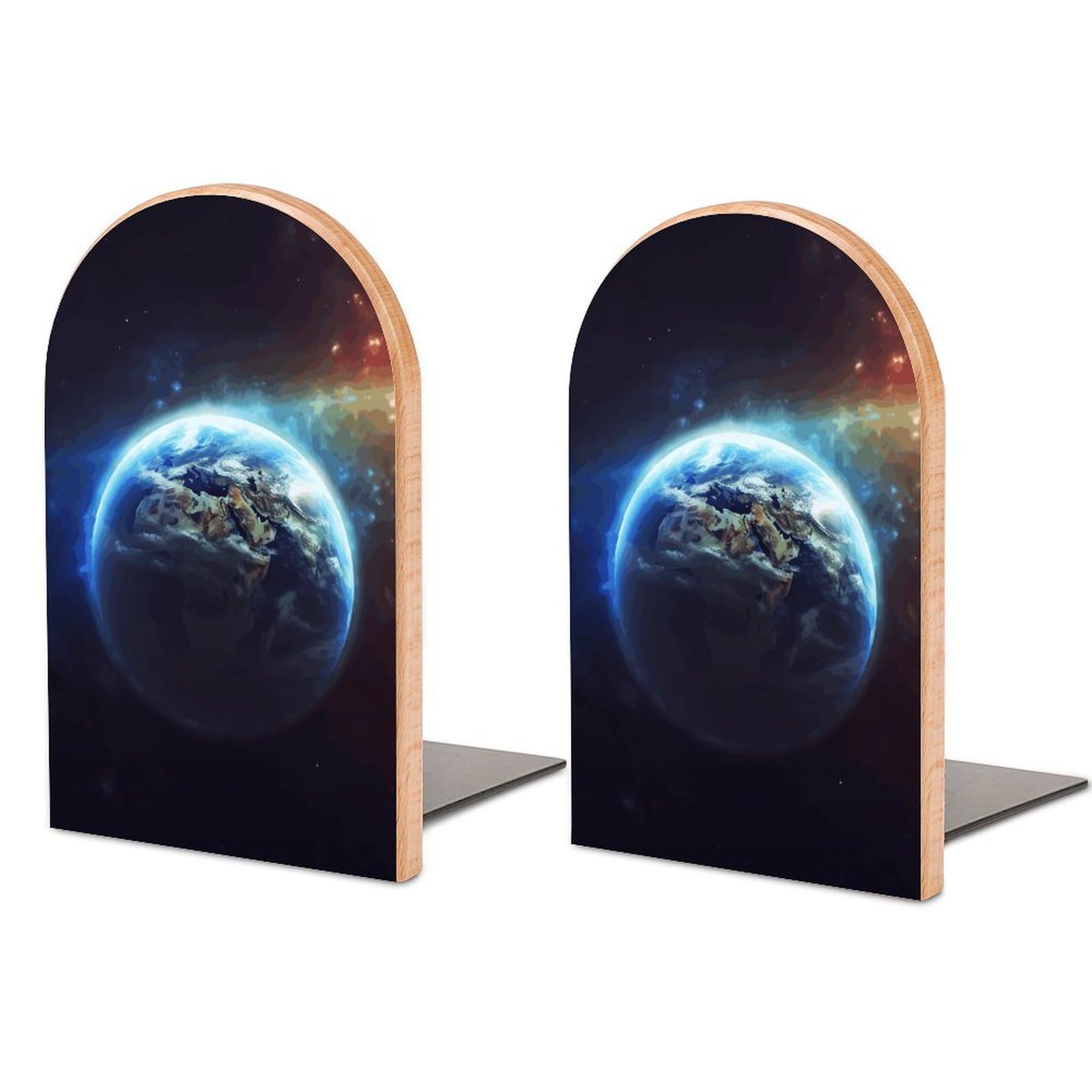 Serre-livres Space Star Earth en bois et métal lot de 2 supports antidérapants pour étagère