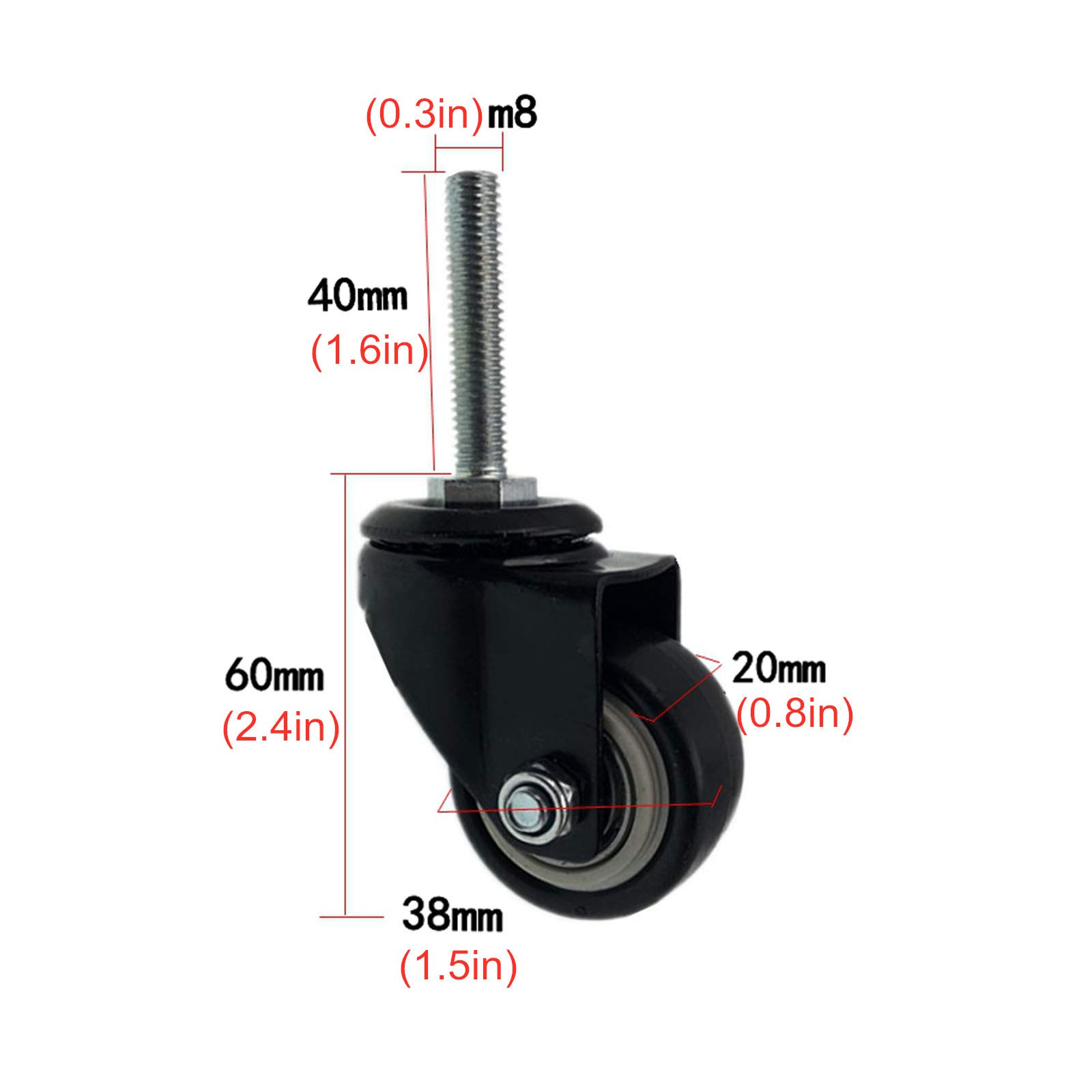 ruote per spostare oggetti pesanti, Ruote con stelo girevoli da 1,5 pollici e 38 mm, ruote for scaffali for carrello da banco in PU nero, rotelle mobili, altezza asta filettata 40 mm, carico 100 kg, c
