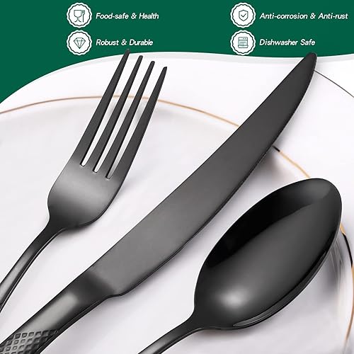 Miniatura 3 de Juego de cubiertos martillados de 20 piezas, color negro, juego de cubiertos de acero inoxidable 1810, juego de cubiertos chapados en titanio para