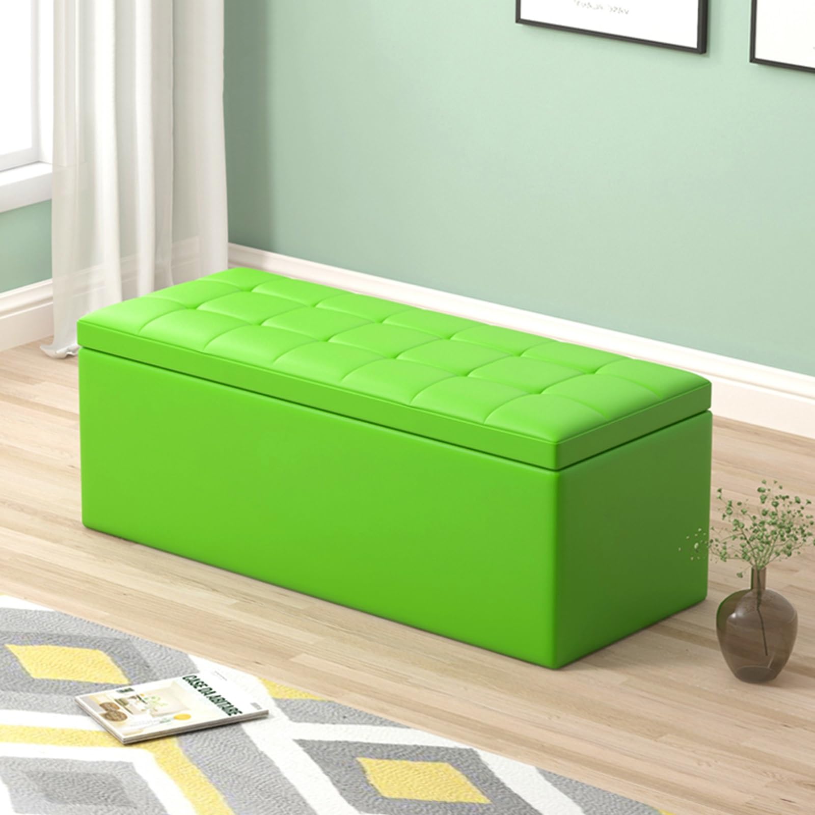 Banc de rangement en cuir gris pour salon et coffre à jouets