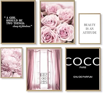 Motivational Quotes Wall Art - Glam Pink Designer Pictures Wall Decor - Positive Quotes for Women, Teen Girl Bedroom, Bathroom - Pink Rose Peony Posters for Vanity Powder Room - Paris Coco Fashion Art