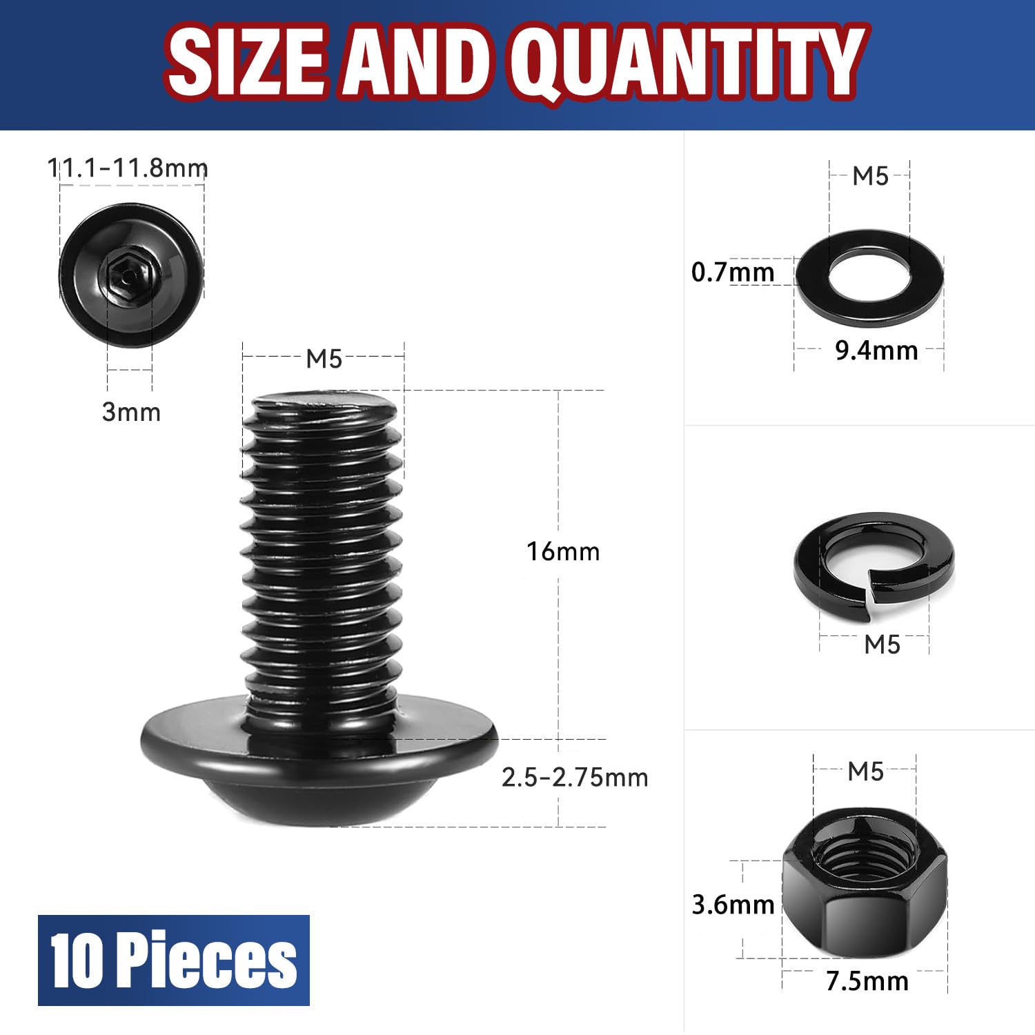 10Pcs M5 Bolts, M5 x 16mm Flanged Button Head Socket Cap Bolt Screws, Black Oxide 304 Stainless Steel Nuts and Bolts - Image 3
