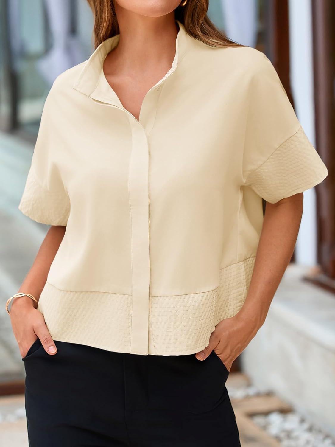 Cicy Bell Womens Cropped Short Sleeve Button Down Shirts Pleated Summer Dressy Casual Blouse Stand Collar Loose Fit Tops - Image 6