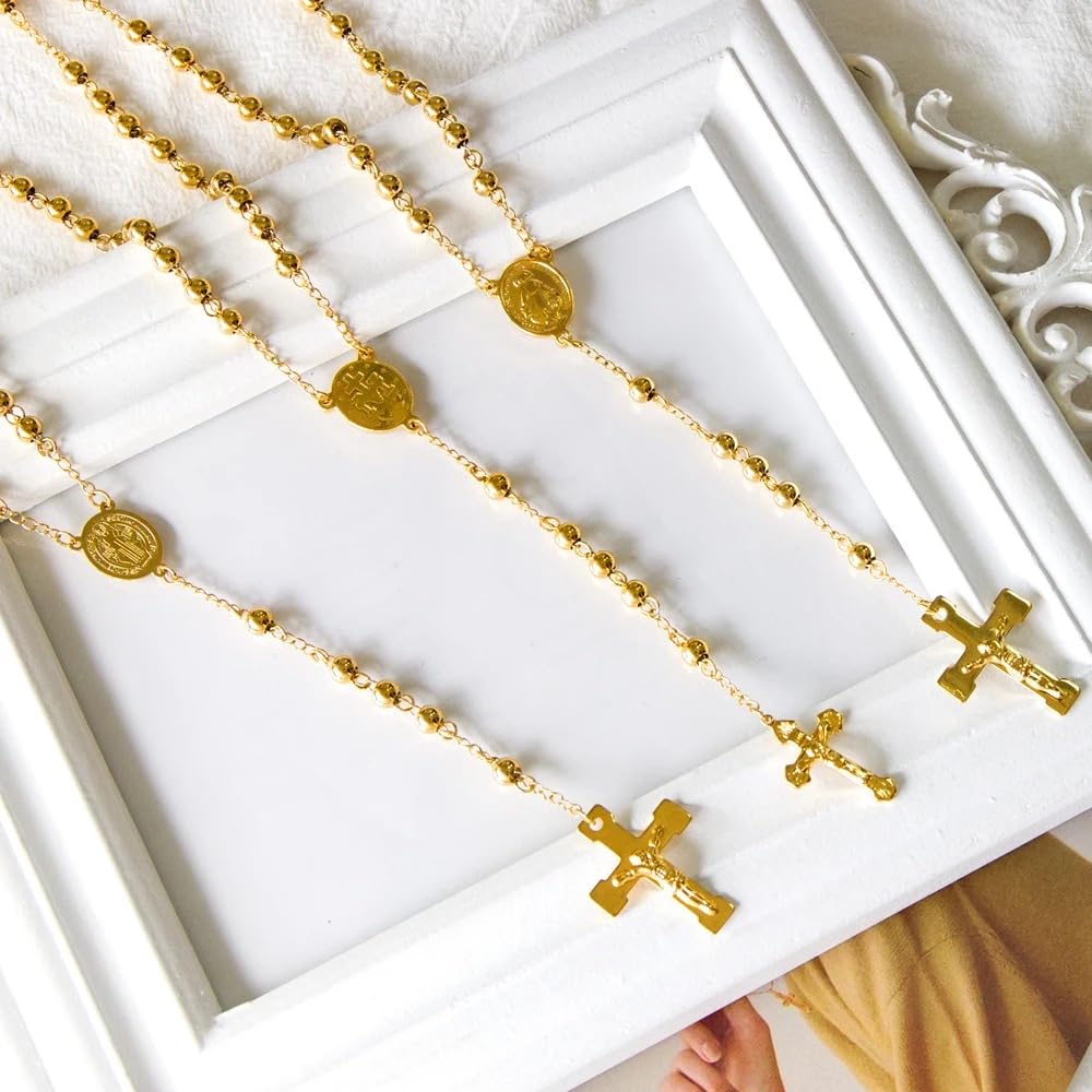 Collar de rosario religioso de plata de ley 925 para mujeres y hombres - Rosarios católicos escapularios largos Collares con colgante de cuentas para hombre