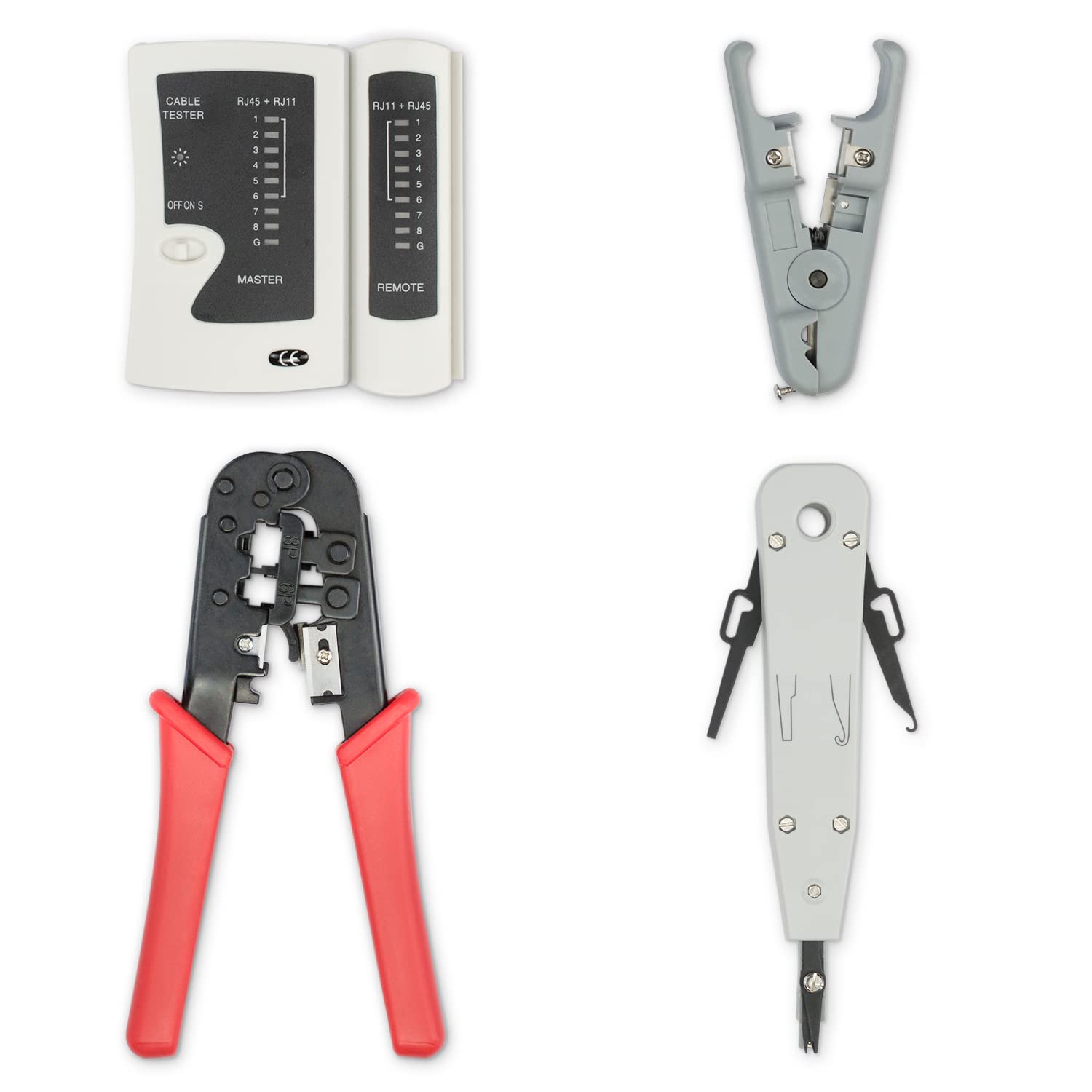 BIGtec Krimptang - netwerktester, kabeltester, LSA-installatiegereedschap, RJ45, RJ11, RJ12, striptang, LAN-kabel, patchkabel, installatiekabel, netwerkgereedschapsset met tas
