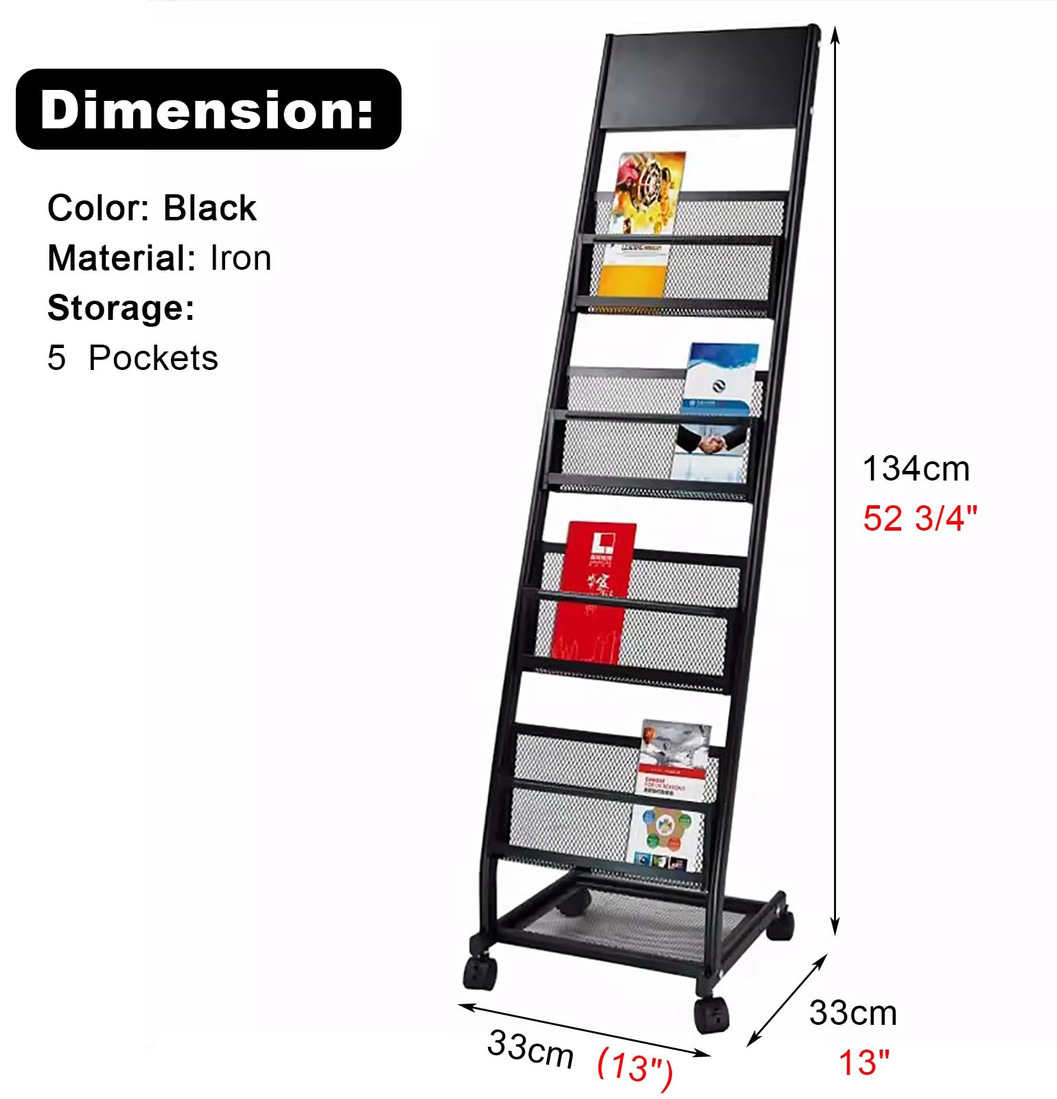 Revistero de Malla metálica de 5 Capas para exhibir folletos, revistero de pie con Ruedas, Soporte Vertical para Archivos para decoración y organización, Organizador Multiusos