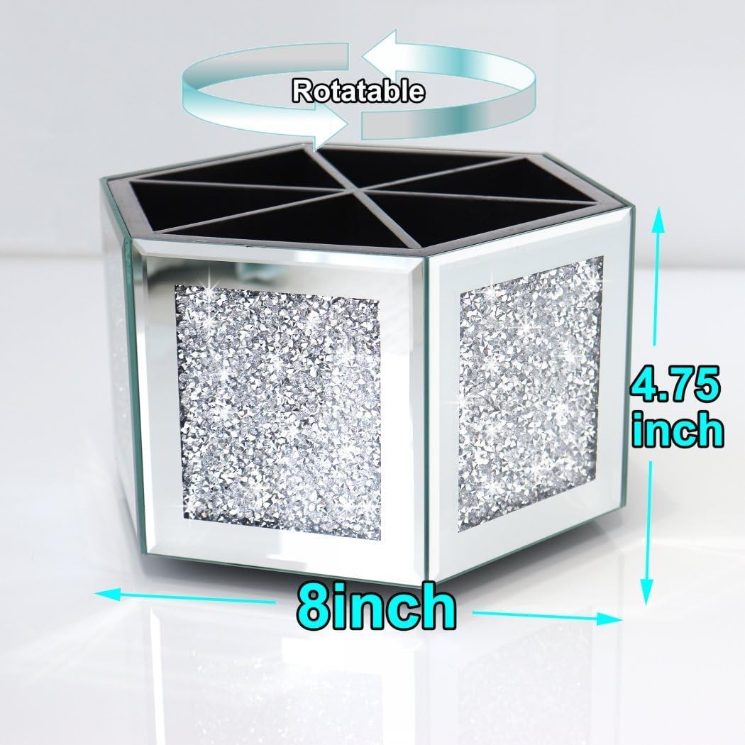 Rotatable Multifunctional Jewelry Utensil Holder Hexagon Jewelry Make up Organizer Cups Crush Diamond Mirror Decor, brush/office pen cup holder Eyeliners Display Case for Vanity