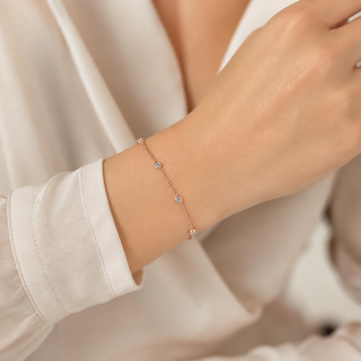 MauliJewels 0.25 Carat Diamond Bracelet for Women in 14K Rose, White or Yellow Gold Bezel Set Natural White Diamond Station Bracelet