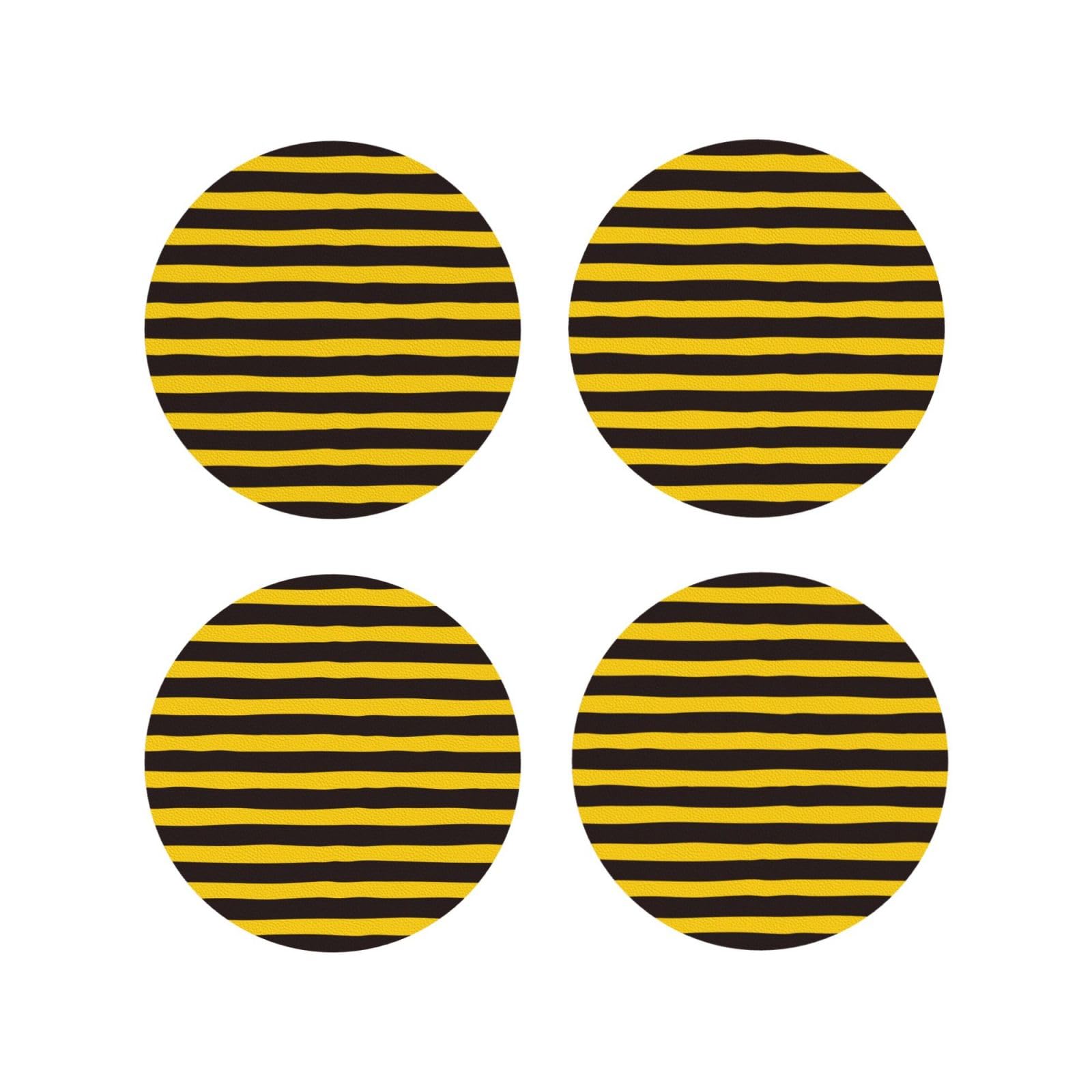 Leather Coasters Set of 4 - Bee Stripe Print Lightweight Drink Coasters for Desk