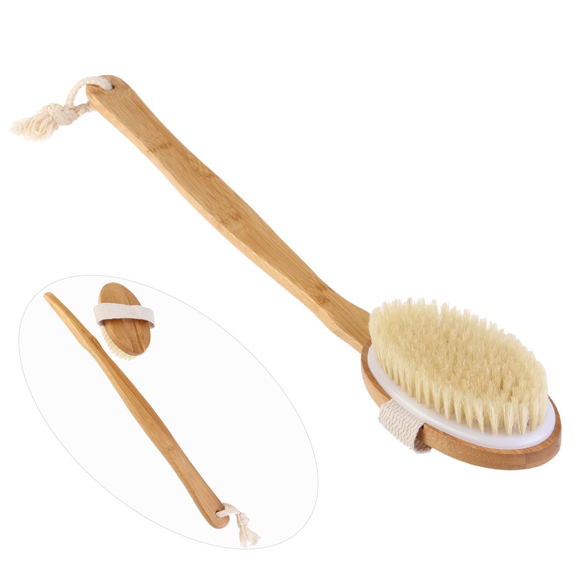 Cepillo corporal Premium de cerdas naturales de jabalí, cepillo de fregar con mango largo y cabezal desmontable for exfoliar y reducir la celulitis/498