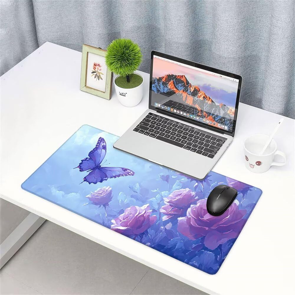 Alfombrilla de Mouse para Juegos, Blu, XXL, Antideslizante, Impermeable, Diseño de Farfalla, Extendido, Grande, 1200x600x3mm, para PC, Laptop, Ufficio, Famiglia d-769
