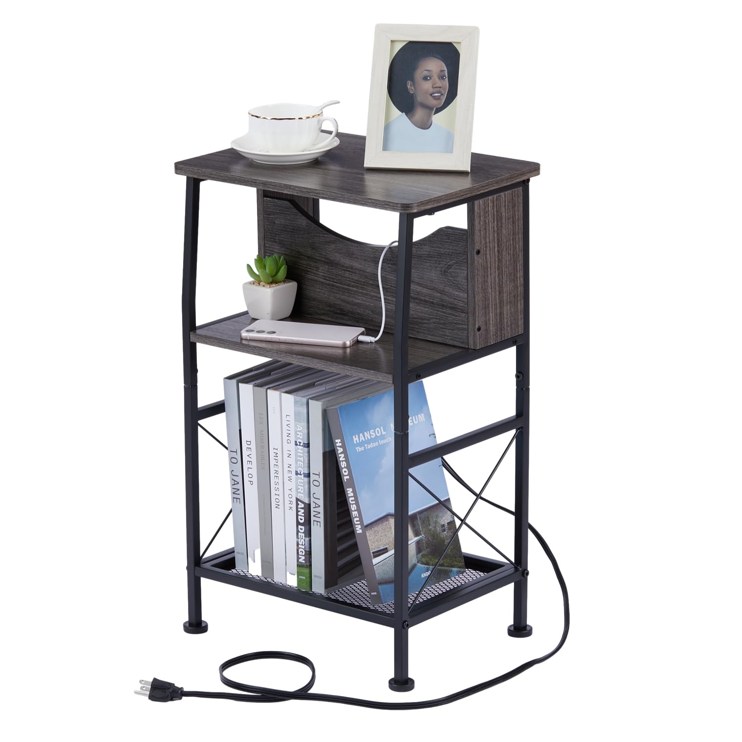 YEAKOO 3-Tier Narrow Side Table with Charging Station, Slim End Table Nightstand Table Storage Shelf with Hidden USB Ports, Two Installation Methods for Small Spaces/Bedroom/Living Room/Office, Grey