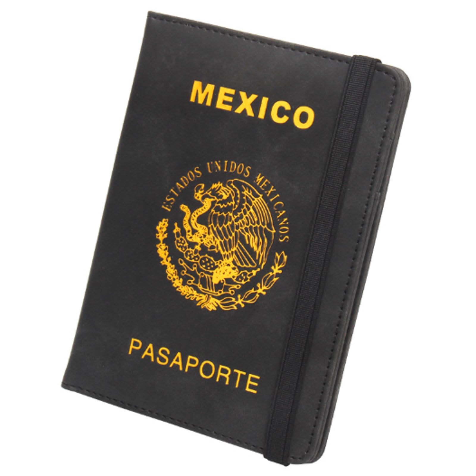 Porta passaporto messicano con fascia elastica multi-card slot anti-magnetico libro biglietto sottile portafoglio da viaggio design compatto, nero, One Size, Stile unico