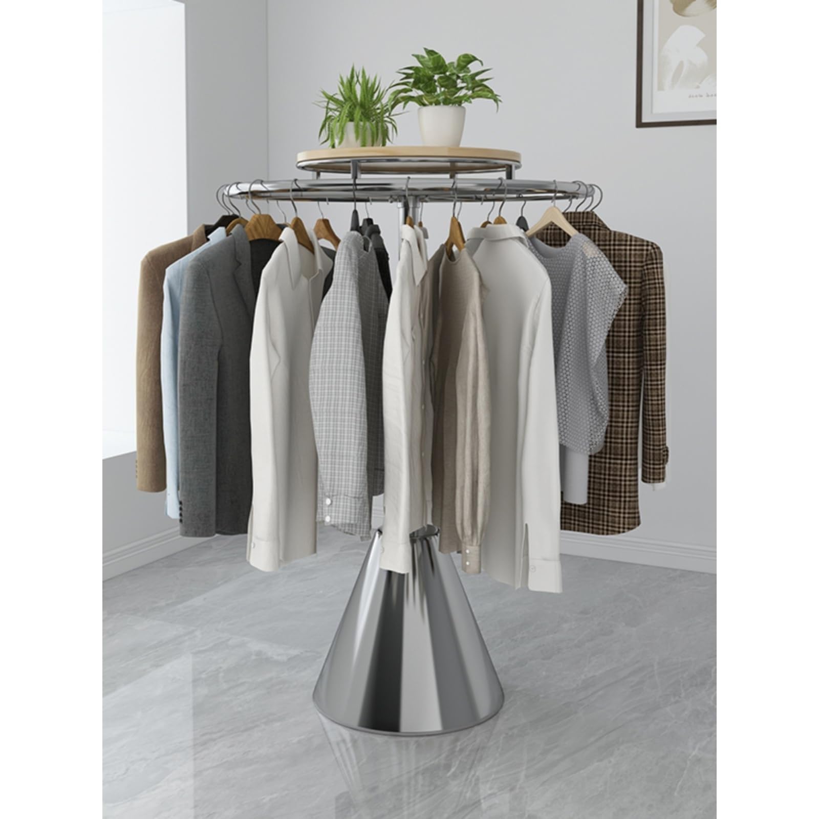 YNBSHGAA Heavy Duty Rotatable Clothes Rack - Floor-Standing Circular Garment Stand for Retail Display Boutique Clothing Metal Design Space-Saving Solution,Silver-70cm/27.5in