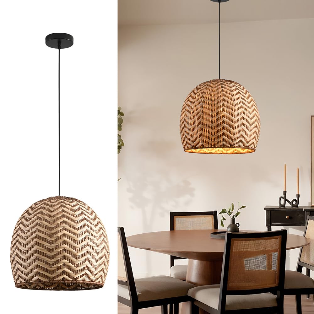 13,7" Ręcznie Tkana Lampa Wisząca Z Rattanu, Lampa Wisząca Z Wikliny, Żyrandol Z Rattanu W Stylu Boho, Naturalna Pleciona Lampa Wisząca Do Wyspy Kuchennej, Jadalni, Salonu, Przedpokoju