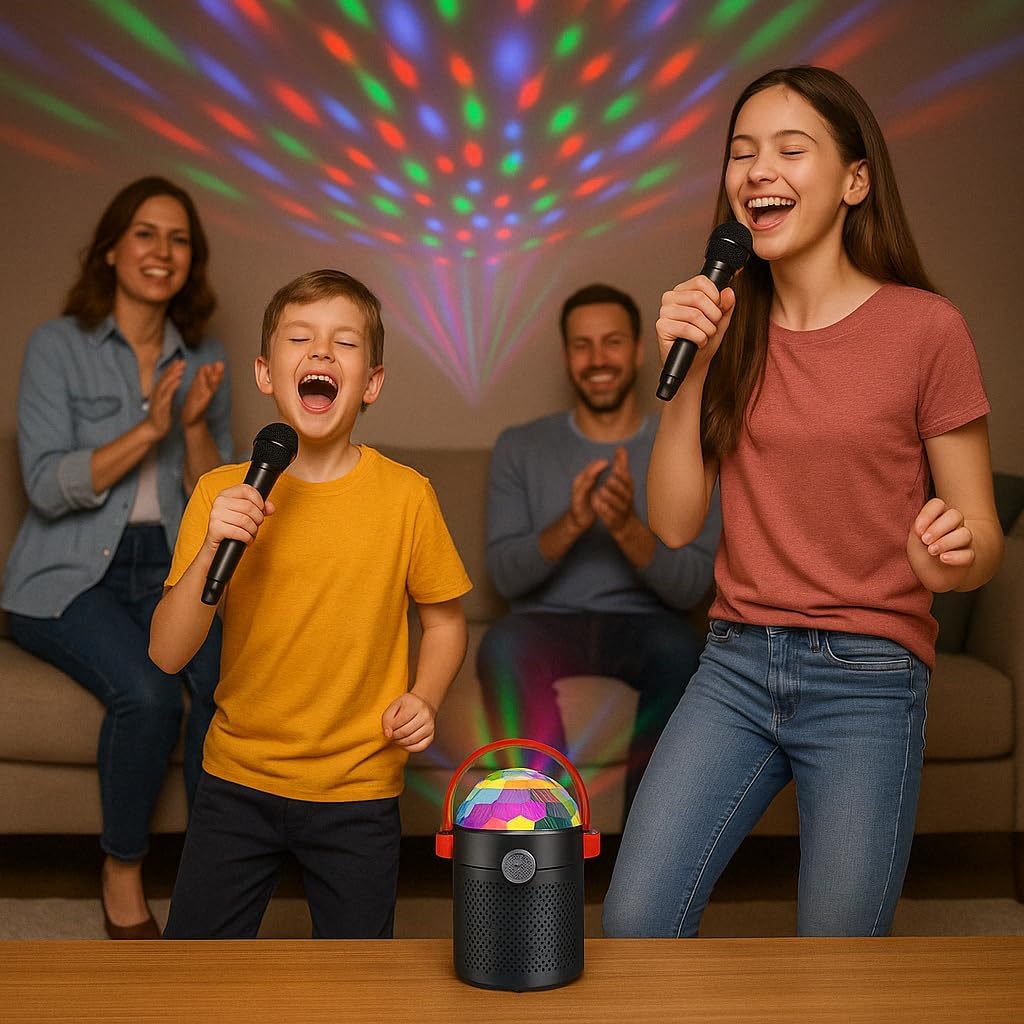 Karaokê Portátil Retrô com Efeitos de Luz de Balada, Festa, Caixa de Som Bluetooth com Microfone e Globo de Luz LED - Entrada Auxiliar, Cartão SD e 10W de Potência – À Prova d’Água IPX6 (Preta)