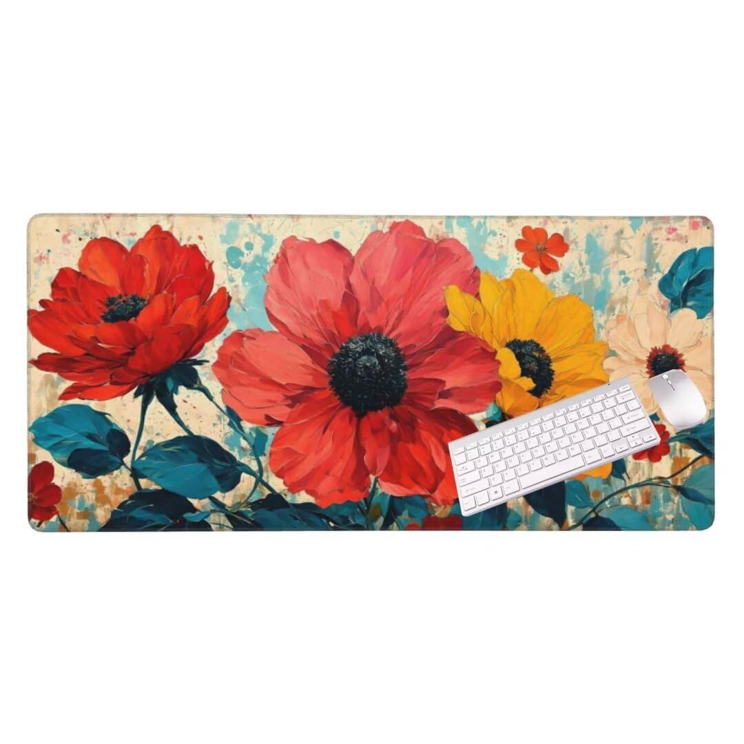 Alfombrilla de ratón 1400x600x3 MM, Alfombrilla Ratón XXL Extendida de Gran Tamaño con Bordes Cosidos, Base de Goma Antideslizante Almohadilla para Teclado, Flores Coloridas S-689