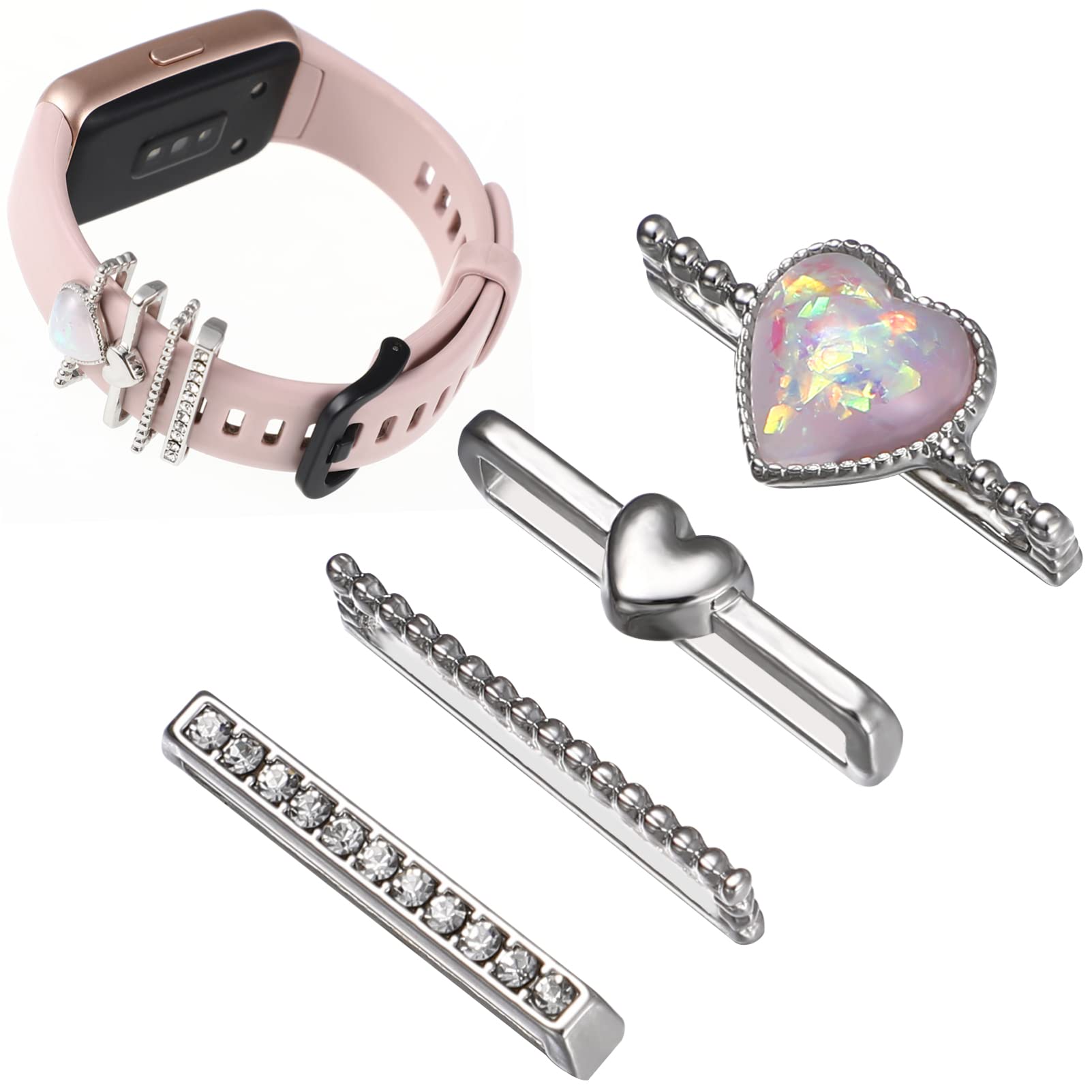Hemobllo 4Pcs Smart Watch Silicone Band Decorative Rings Loops Fastener Rings Rhinestone Charms Heart Shaped Metal Decorative Rings Loops for Smart Watch Band Accessories Charms