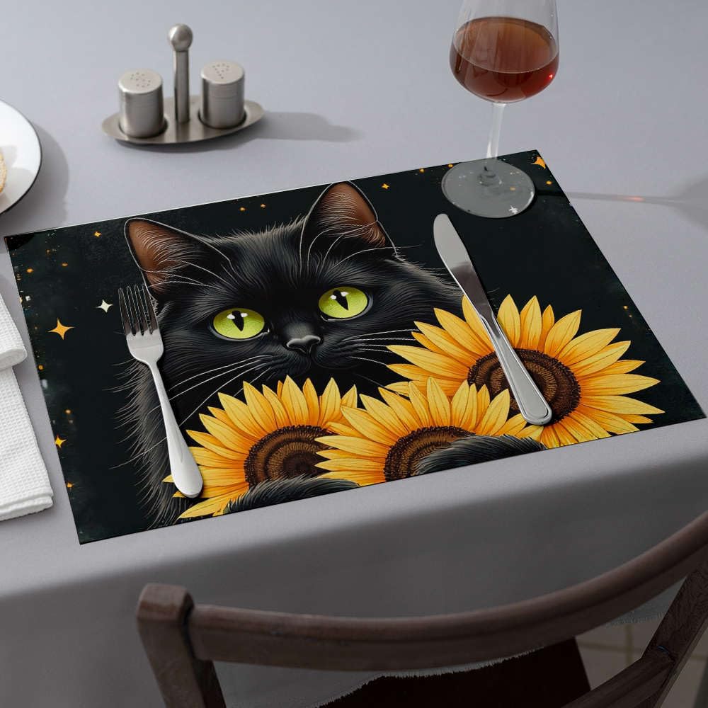 Lot de 6 sets de table chat noir lavables et résistants à la chaleur motif tournesol jaune