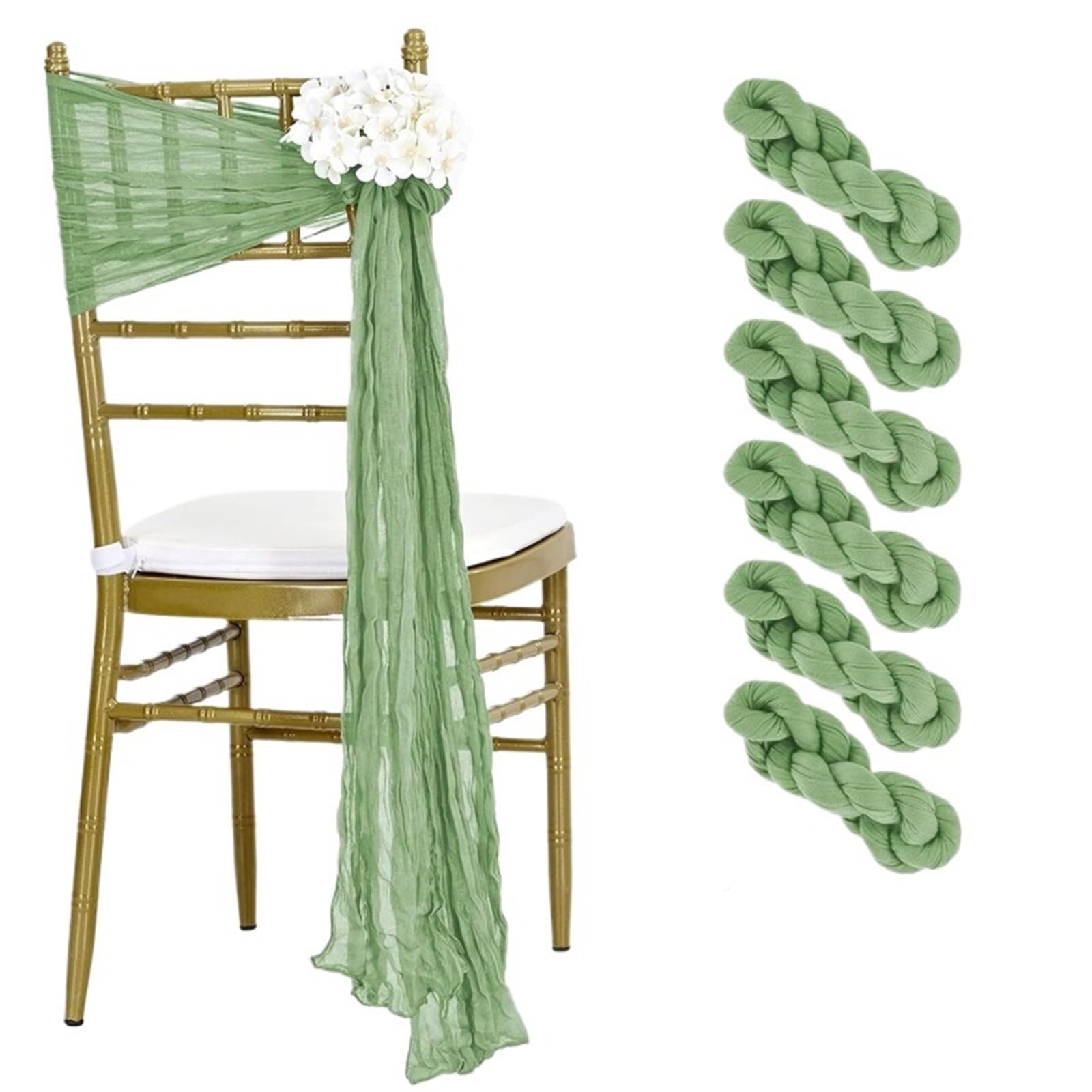 Stuhl SchäRpe 6- oder 12-teiliges Set grüner Stuhlschleifen aus Käsetuch im rustikalen Design for Hochzeitsstühle, Partys, Bankette und Heimdekorationen (20 x 275 cm)(6pcs-Green)