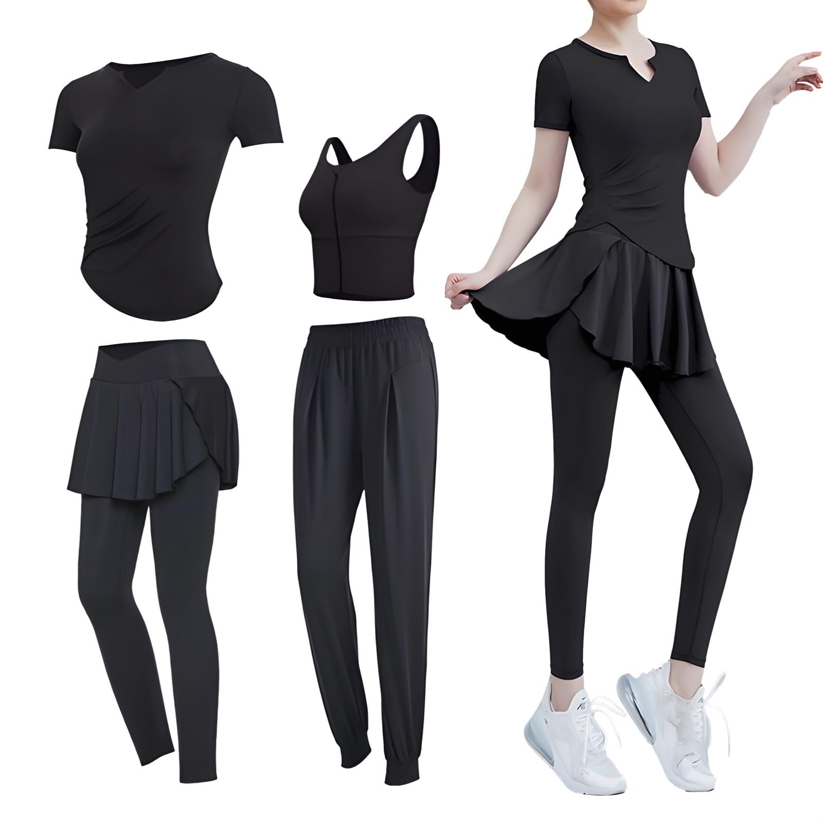 Pilates Yoga Activewear Set For Women 4 Pieces Includes Tank Bra Short-Sleeve Top Tight Loose Pants Polyester And