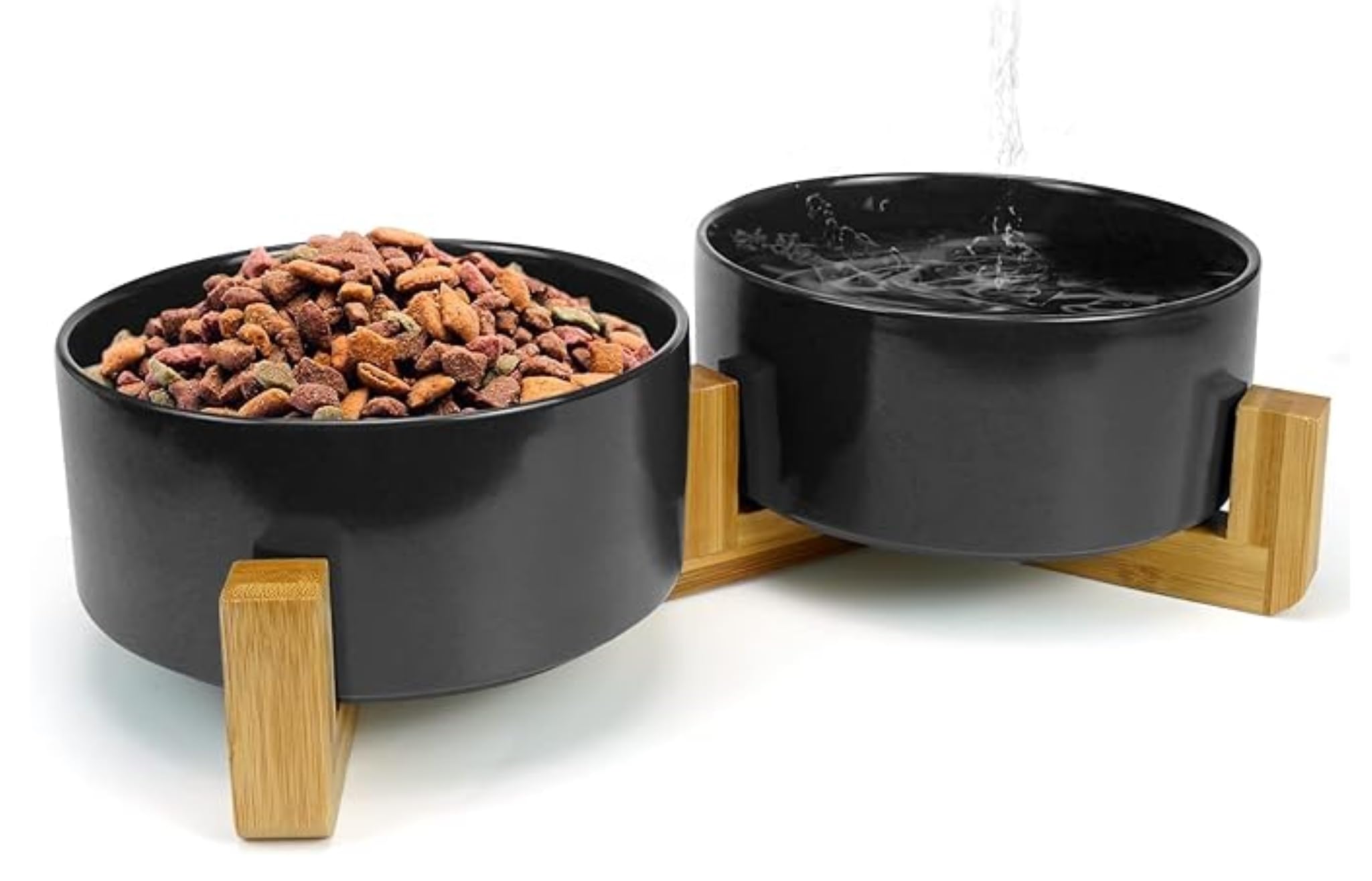2 comederos de cerámica para perros con soporte de madera de bambú, antideslizante, comedero doble, 600 ml, para gatos y perros, cerámica, apto para lavavajillas, color negro