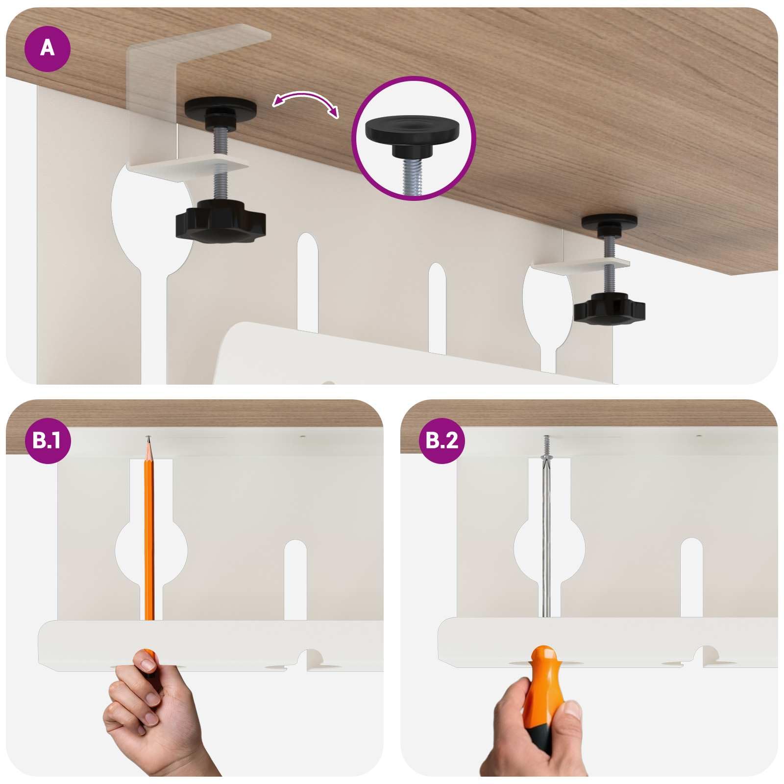 vidaXL Bandeja de gestión de cables debajo de la mesa 2 piezas Blanco, Bandeja de cables moderna, instalación sin taladro, soporte de abrazadera, organizador de cables de tornillo