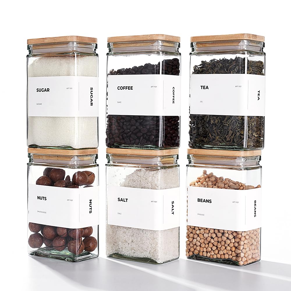 APT 1101 Vorratsdosen aus Glas mit Bambusdeckel, 765 ml, 6 Stück, Glasdosen mit luftdichtem Deckel, transparente Gläser mit Deckel für Kekse, Süßigkeiten, Tee, Kaffeebohnen und Reis (weiß)