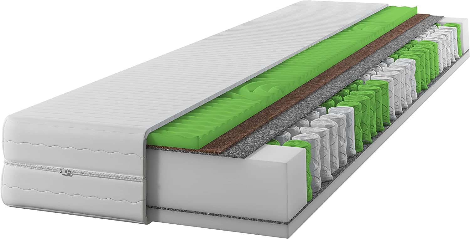 IZER Materac 70 x 200 H3 / H4,17 cm, 7-strefowy, mata kokosowa, sprężyny kieszeniowe, poszewka pikowana, rdzeń sprężynowy, pianka do masażu