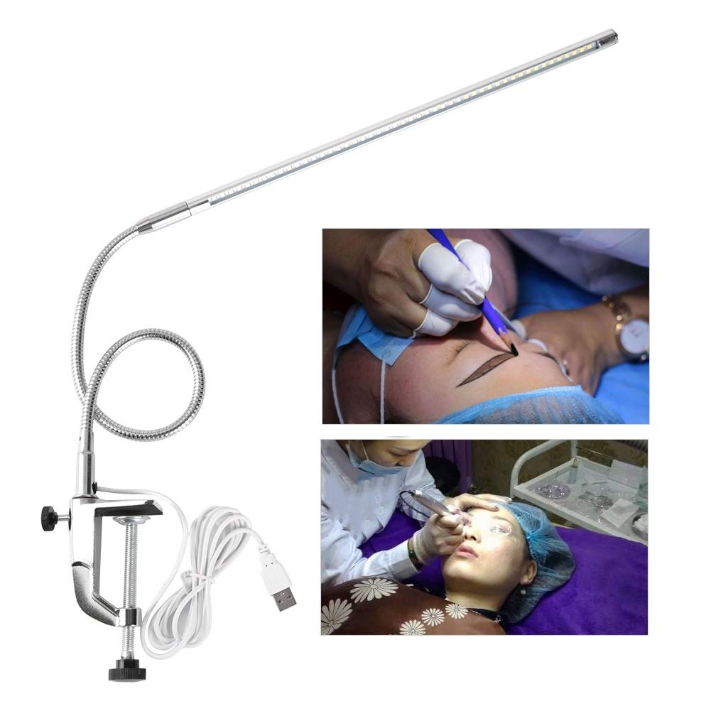 Nikou Lampada da Tavolo a LED con Morsetto, Lampada da Scrivania Rotazione Multi-Angolo Braccio Lungo Cosmetica USB con Pinza, per Manicure Lampade da Lettura Luce Tatuaggio