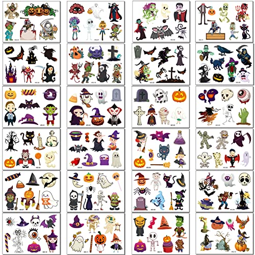 24 hojas Tatuajes Temporales Niños Set de Halloween, Halloween Tatuajes de Dibujos Animados calabaza bruja para niño niña, Halloween Accesorios de Decoración Suministros Para Fiestas Mascarada