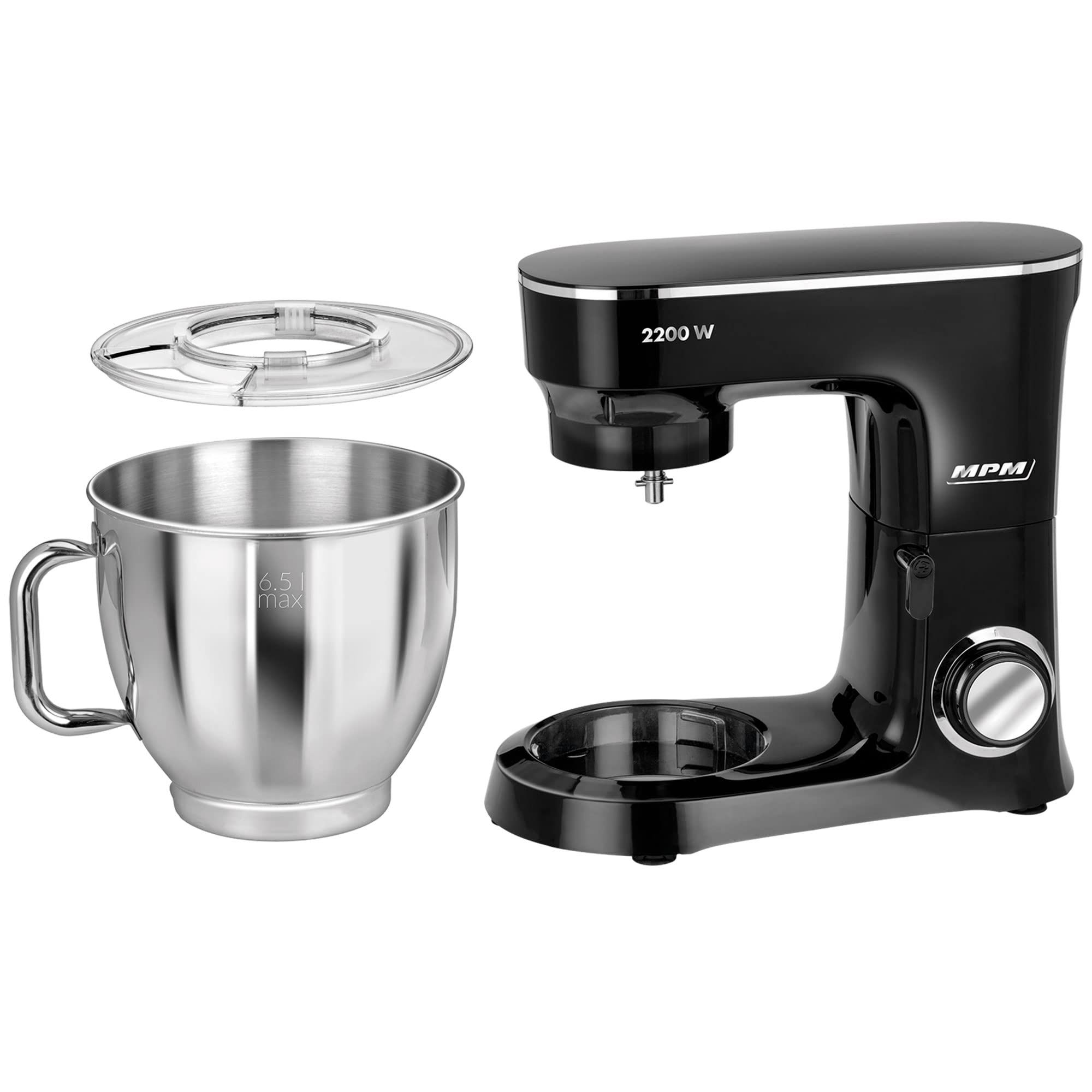 MPM Batidora Amasadora Repostería Profesional Robot Cocina Orbital 2200W Máx. 6,5L Bol Acero Inox, 6 Velocidades + Función Pulso, Sistema Planetario, 3 Accesorios+ Báscula, MRK-19B