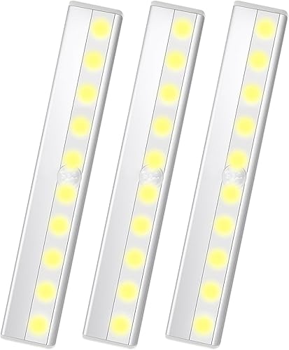 Deitybless Paquete de 3 luces LED con sensor de movimiento, 10 luces LED para armario, funciona con pilas, barra de luz nocturna magnética adhesiva