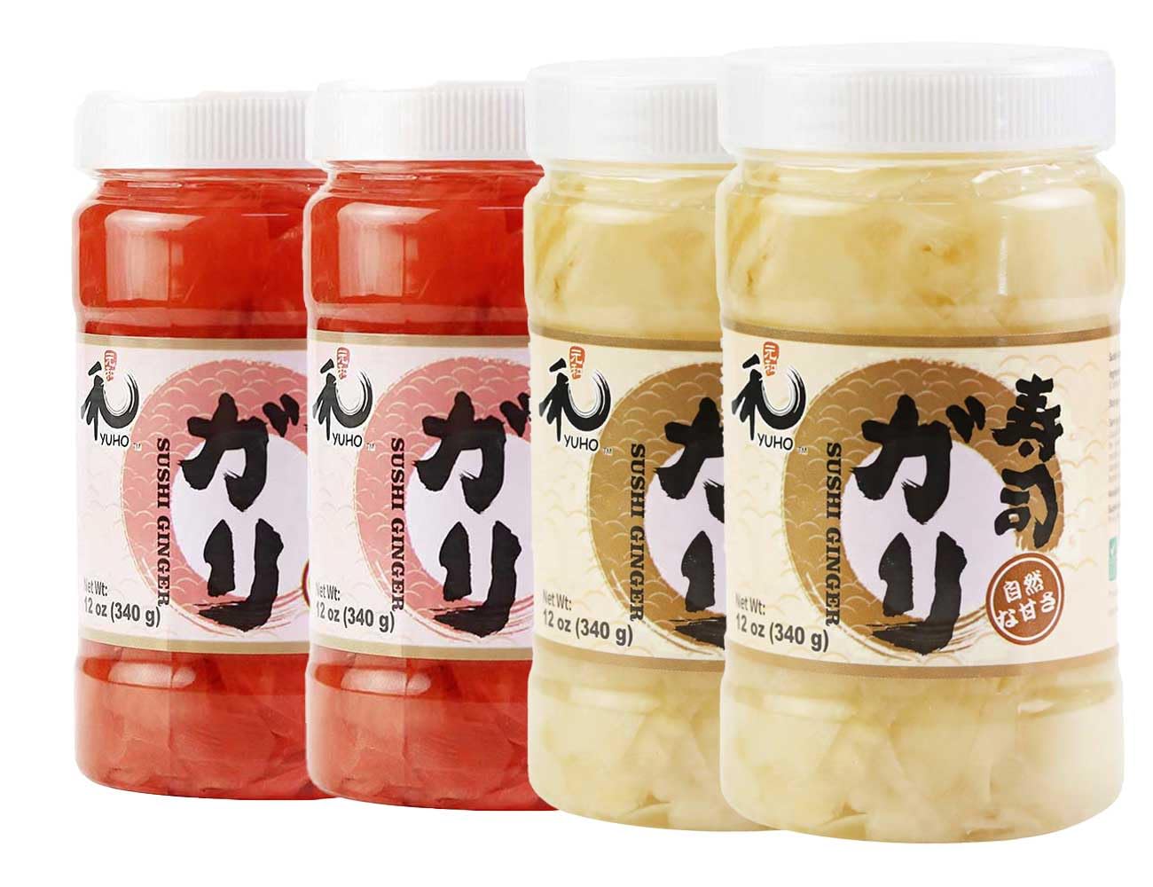 YUHO Pickled Sushi Ginger 4 Jar Japanese Pink Gari Sushi Ginger Fat Free, Sugar Free, Kosher, BRC, No MSG, Low cal 12 oz
